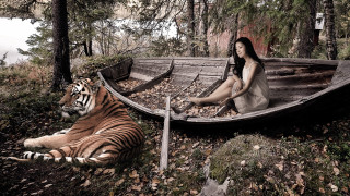 Woman boat tiger autumn nature - surreal photography free wallpaper