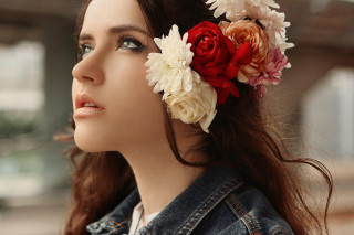 Woman flowers denim jacket portrait - free vintage wallpaper