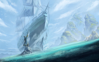 Fantasy ship ocean man rock - cinematic concept art free wallpaper
