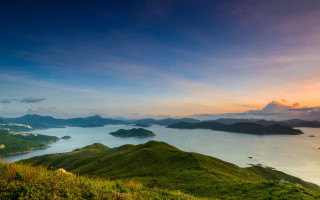 Sunset lake mountains clouds blue - sunset time free wallpaper