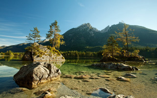 Lake rocks trees mountains sky - the background and mountains free wallpaper