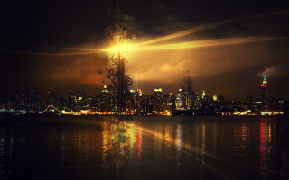 City lights night skyline reflection 2 - matte painting free wallpaper
