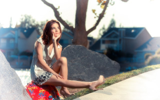 Woman sitting rock tree houses - house free wallpaper