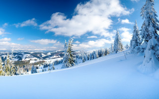 Snowy mountain trees clouds blue 2 - free winter wallpaper