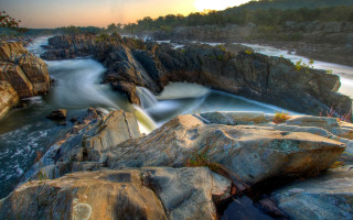 River rocks waterfall sunset nature - rock free wallpaper