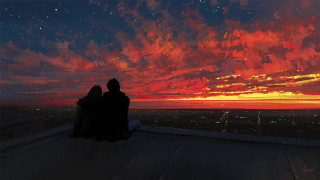 Rooftop sunset cityscape stars aurora - mars ravelo and greg rutkowski free wallpaper