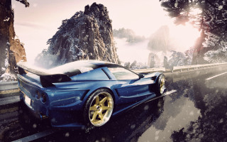 Blue sports car snow mountains - photorealism free wallpaper for desktop