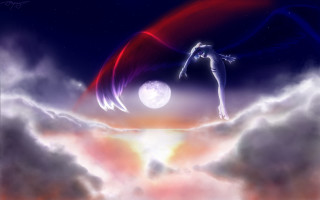 Woman flying clouds rainbow fullmoon - a rainbow in the background free wallpaper