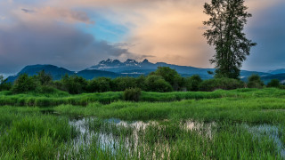 Lake mountains sunset green grass - a lake and mountains free wallpaper