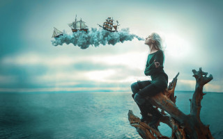 Woman sitting tree branch ship - a boat floating free wallpaper