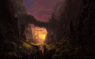 Cave waterfall sunset fantasy matte - a waterfall in the middle of it free wallpaper