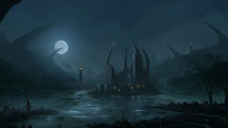 City night fullmoon lake fantasy - a painting of a city free wallpaper