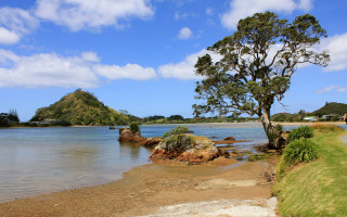 Tree lake mountain sky clouds - the middle of a lake free wallpaper