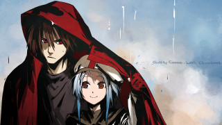 Anime characters red capes umbrella - their head free wallpaper