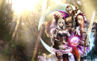 Fantasy armor swords woods light - their back free wallpaper