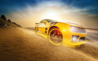 Yellow car dirt road desert 2 - the horizon free wallpaper