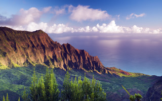 Mountain lake clouds green trees - a mountain free wallpaper for desktop