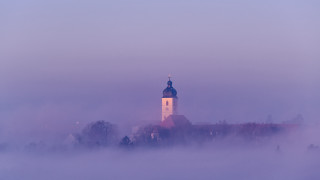 Large building clock tower foggy - a foggy field free wallpaper