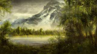 Mountain forest lake water nature - a painting of a mountain free wallpaper