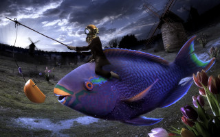 Gas mask fishing surreal city - a man in a gas mask free wallpaper