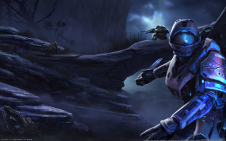 Futuristic soldier glowing forest mecha - a dark forest free wallpaper for desktop