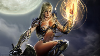 Woman sword fireball motorcycle fullmoon - dark fantasy art free wallpaper for desktop