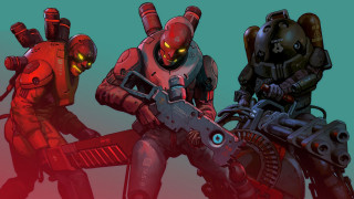 Three robots cyberpunk mecha weapon - a machine gun free wallpaper