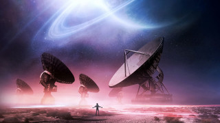 Desert satellite dishes man starry - free sci-fi wallpaper