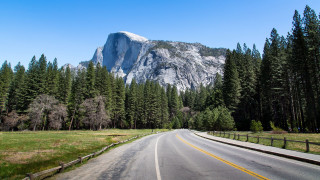 Mountain road forest trees fence - a mountain in the background and trees free wallpaper