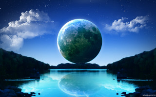 Large blue ball floating lake - moon free wallpaper for desktop