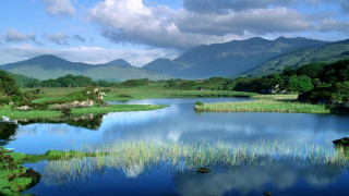 Lake mountains grass cloudy sky 5 - mountain and grass free wallpaper