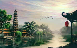 Pagoda lake birds fantasy matte - free anime wallpaper