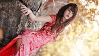 Woman red dress rock wall - a rock wall free wallpaper for desktop