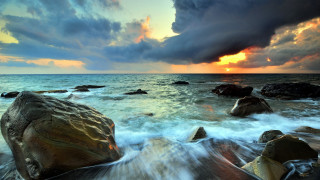 Sunset ocean rocks waves dusk - rock and water free wallpaper