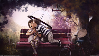 Woman sitting umbrella bike tree - a bench holding free wallpaper