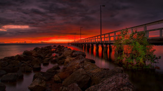 Wooden bridge sunset water rocks - a few rock free wallpaper
