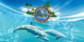 Clock dolphins ocean palm trees - vaporwave free wallpaper