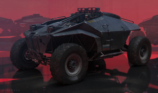 Large fourwheeler bigwheel redbackground vehicle - beeple free wallpaper