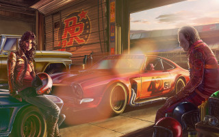 Man woman motorcycle garage neon - ed roth free wallpaper