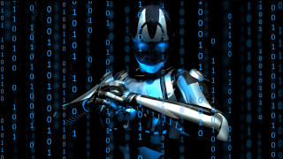 Robot gun cyberpunk background glowing - a robot holding free wallpaper for desktop