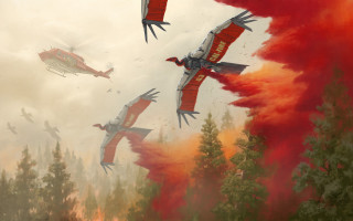 Birds forest firefighters autumn red - red smoke free wallpaper