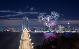 Bridge fireworks city night light - free new year wallpaper for desktop