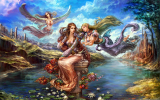 Three women river castle fantasy - three woman free wallpaper