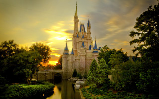Castle bridge trees sunset clouds - pixar and disney animation free wallpaper