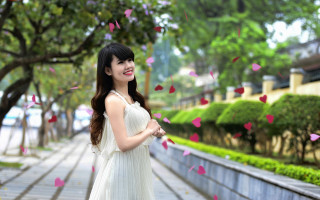 Woman white dress pink butterflies - a sidewalk free wallpaper for desktop