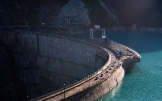 Dam bridge road cars boat - car free wallpaper