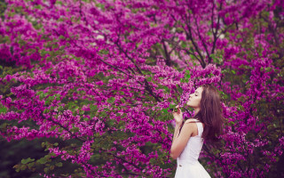 Woman white dress purple flowers 2 - summer vibrancy free wallpaper