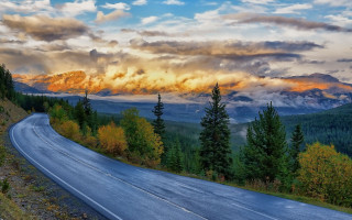 Mountain road clouds trees sky 2 - beautiful landscape free wallpaper for desktop