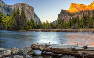 River logs mountains nature landscape - in the middle of it free wallpaper