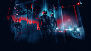 Night cyclists cityscape cyberpunk mecha - dystopian art free wallpaper